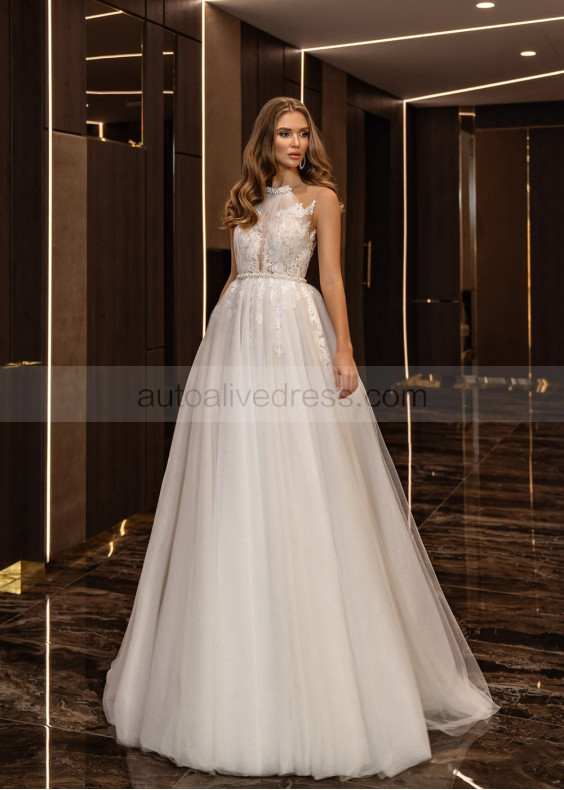 Ivory Lace Tulle Pearl Embellished Wedding Dress